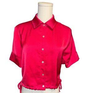 House of Harlow 1960 Pink Satin Cropped Shirt Tie Waist Dolman Sleeve sz XS NEW